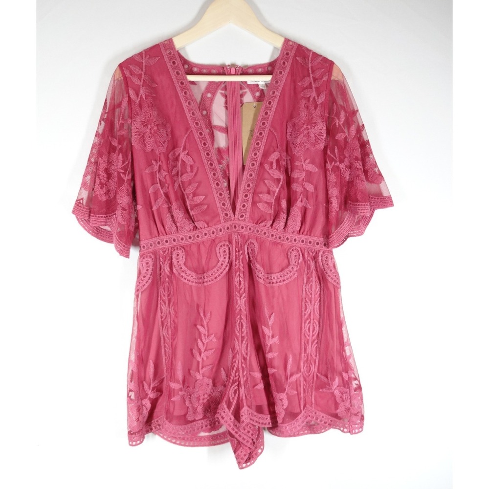 Wild Honey Lace Romper Womens Large Pink Floral V-Neck Boho Romantic Festival